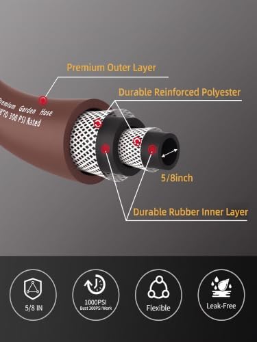 Wiseflow Garden Hose 50FT x 5/8", Heavy Duty Rubber Hose, Water Hose with Five Layered Braiding, Male Female Fittings, 1000PSI Burst, 300PSI Working for Yard, Car Wash, Pets (Brown)