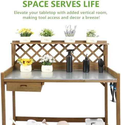 Garden Potting Benches & Tables,Outdoor Wooden Work Station W/Metal Table Top,Drawer,Large Bottom Shelf,Open Shelf Natural Wood-Natural Stained (43.5" D x 20.5" W x 45" H)