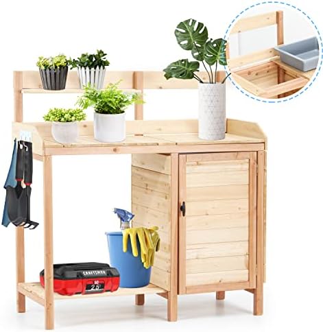Outdoor Wooden Potting Bench Table with Sink, Garden Table Work Bench with Storage, Workstation for Outside Patio Lawn, Natural