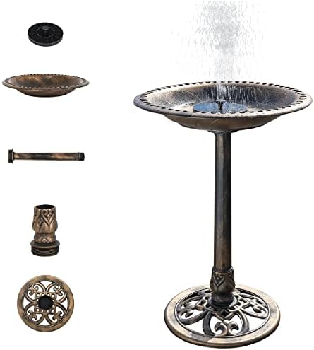 VINGLI Pedestal Bird Bath with Solar Fountain, Solar Pump Resin Birdbaths, Weather Resistant Bird Baths with Ground Stakes, Vintage Finish Garden Decor for Outdoor, Patio, Yard, Lawn (Copper)