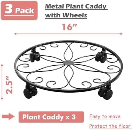 3 Pack Metal Plant Stand with Wheels - 16 Inch Large Plant Caddy, Heavy Duty Wrought Iron Rolling Plant Stand
