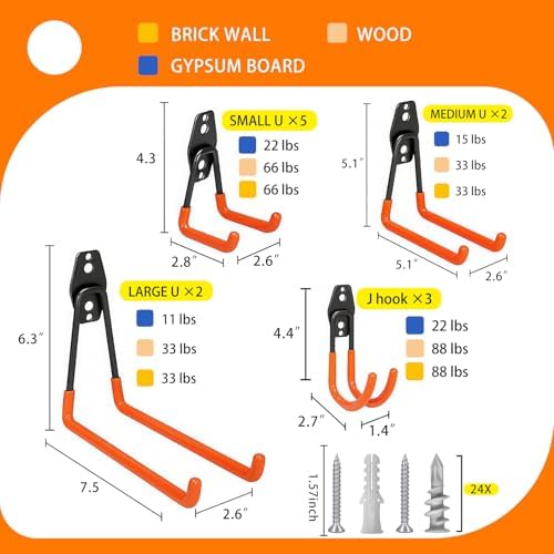KOFANI Heavy Duty Wall Mount Steel 12 Pack Orange Garage Storage Hooks