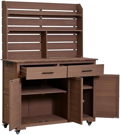 Multifunctional 3-in-1 Potting Bench Workstation with Storage & Wheels | Sturdy Fir Wood | Outdoor Garden, Patio, BBQ Prep Station (Brown-W)