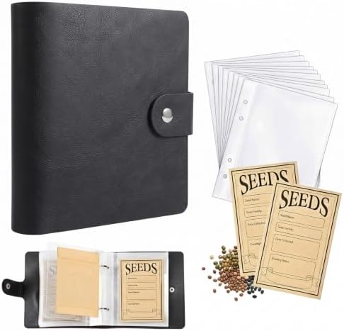 Seed Storage Organizer Binder, Efficient Seed Packet Organizer with 50 Pack Seed Envelopes, PU Garden Seed Holder Book, Seed Binder for Garden Planner, Flower Seed Keeper (Black)