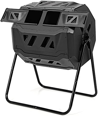 S AFSTAR 43 Gallon Outdoor Compost Bin, Dual Chamber Compost Tumbler W/2 Sliding Doors & Gloves Included, Large Capacity Composting Bins, Garden Rotating Tumbling Composter for Patio Yard Lawn (Black)
