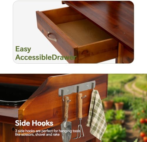 FDW Outdoor Potting Bench Table with Sink & Drawer for Outside Garden, Wood Planting Table with 132 lb Weight Capacity, Basin, Storage Drawer, Shelves and Hooks, Natural