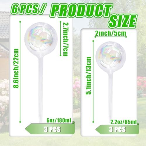 Pynqdfu 6Pcs Plant Watering Globes,Iridescent Rainbow Glass Self Watering Planter Insert,Clear Watering Bulbs for Indoor,Outdoor,Flowerpot,Hanging Plants,Home Garden(3 Large+3 Small)