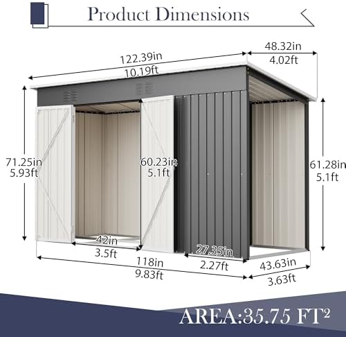YOPTO 10x4 FT Outdoor Storage Shed, Metal Sheds with Floor Base & Open Firewood Storage,Steel Garden Shed with Lockable Doors,Sloped Roof,Windows, 2 in 1 Large Tool Shed for Patio, Backyard, Lawn.Gray