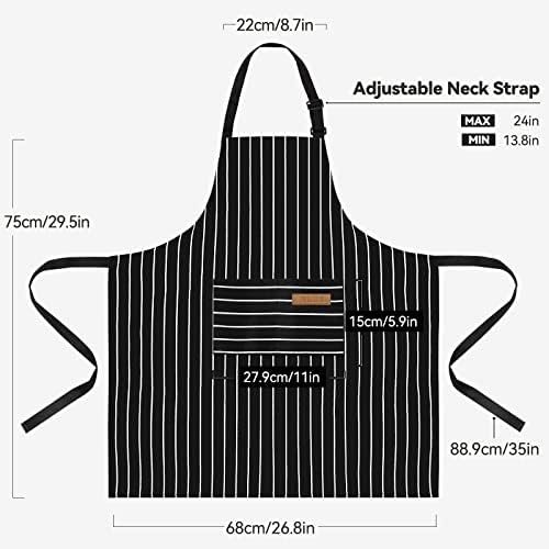 2 Pack Cooking Aprons for Women with Pockets Adjustable Kitchen Bib Aprons for Women Men Chef, Black/White Stripe (Classic Black/White Stripes)