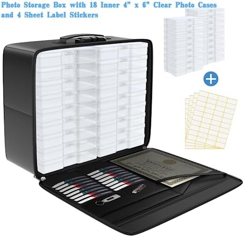 Fireproof Safe Photo Storage Box with 18 Inner 4" x 6" Clear Photo Cases, Portable Photo Organizer with Lock for Picture, Collapsible Photo Container with Handle and 18 Boxes 4 Sheet Label Stickers