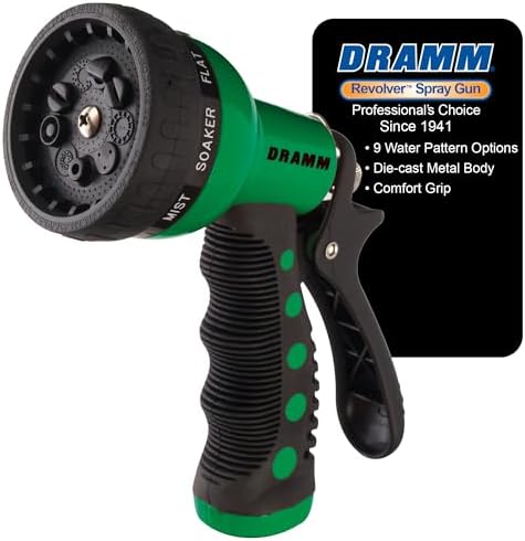 Dramm Revolver Heavy Duty Metal Garden Hose Nozzle – 9 Spray Patterns, High Pressure Jet, Thumb-Control Flow, Ergonomic Grip – Green