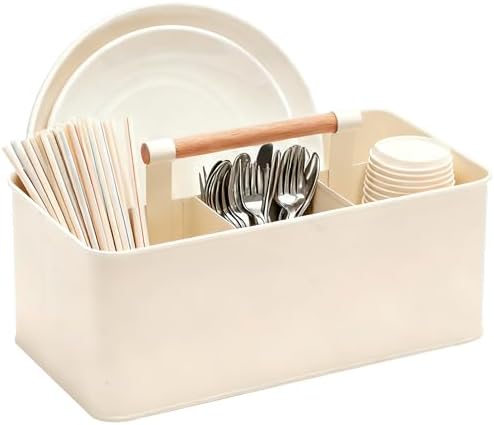 Caddy Organizer with Wooden Handle, Metal Utensil Caddy with 4 Compartments, Picnic Caddy Paper Plate Organizer Utensil Holder for Party