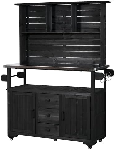 GDFStudio Preden Outdoor Storage Bench Table with Cabinet, Patio Wooden Potting Bench, Garden Storage Work Bench with Stainless Steel Top, Drawers, Cabinets, Shelves and Hooks, Kitchen Island, Black