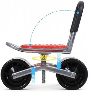 360° Swivel Garden Rolling Seat with Wheels, Red Adjustable Height