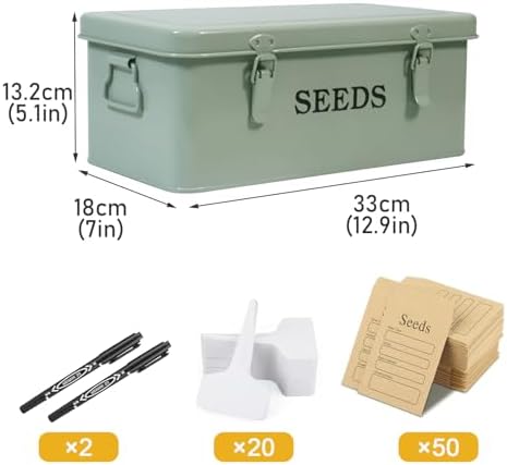 Seed Storage Organizer, 4 Compartment Seed Storage Box with Safety Lock, Metal Seed Box Container with 2 Pens, 20 Plant Labels and 50 Seed Envelopes for Seed Packet & Small Garden Tool, Green