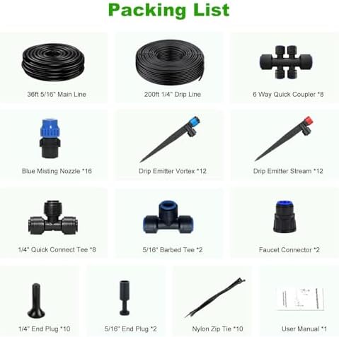 236FT Drip Irrigation System Kit New Quick-Connect, Automatic Garden Watering Misting System for Greenhouse, Yard, Lawn, Plant with 5/16 inch Hose 1/4 inch Distribution Tubing and Accessories
