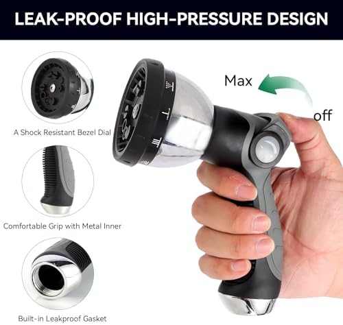 Garden Water Hose Nozzle Metal Heavy Duty Sprayer Thumb Control with 10 Spray Modes Suitable for Watering Plants, Iawn and Garden, Car Washing, Cleaning, Showering Pets and Outdoor Fun, Gray