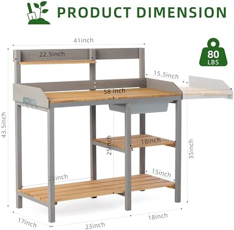 Wooden Potting Bench Table with Sink, Outdoor Garden Table Work Bench with Shelf, Workstation for Outside Patio Lawn