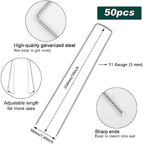 Galvanized Landscape Staples 10 Inch 50 Pack 11 Gauge Anti-Rust Garden Stakes Landscaping Fabric SOD Pins Yard Stakes for Weed Barrier Fabric (JC-DD-10IN-50)