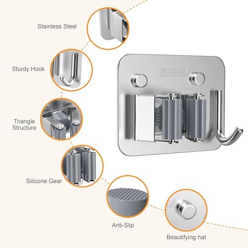 4 Pack Stainless Steel Heavy Duty Broom Holder Wall Mount with Hook, Silver