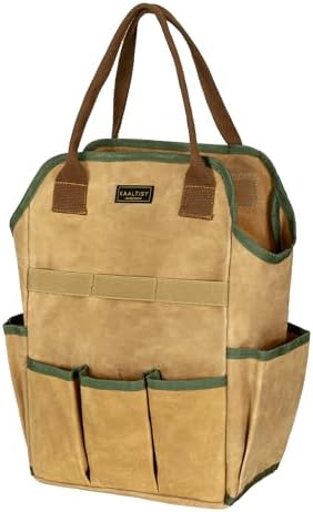 Canvas Tool Bag, 16OZ Waxed Canvas Garden Tool Tote - with 3 Inner Slots & 8 Outer Pockets & Portable Handle, Gardening Tool Storage Bag for Gardener Florist Workshop - Khaki