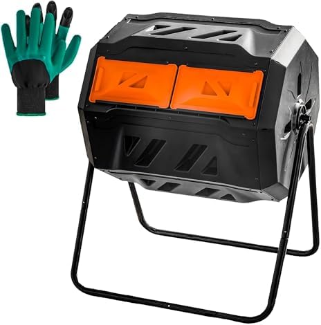 Hourleey Compost Bin Outdoor, 43 Gallon Dual Chamber Tumbling Composting Bin with Sliding Doors, Tumbler Rotating Batch Composter Bin for Garden Kitchen Yard