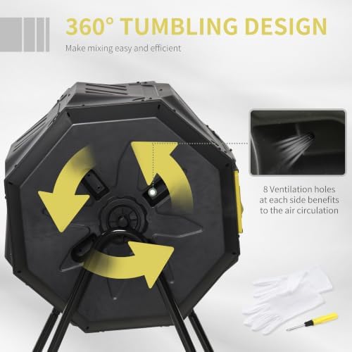 Outsunny Tumbling Compost Bin 360° Dual Chamber 43 Gallon, Yellow
