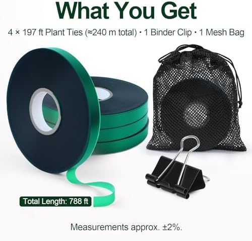 Plant Tie Tape – 4 Rolls (788 ft) Stretch Vinyl (PVC), 0.5" Wide, Non-Adhesive Garden Ties for Stems & Poles – Includes Mesh Bag & Binder Clip (788 ft)