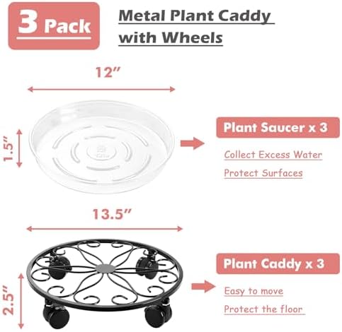 3 Pack Metal Plant Caddy with Wheels 13.5 Inch Plant Stand with Wheels Heavy Duty Wrought Iron Rolling Plant Stand Plant Dolly Plant Rollers Plant Cart Plant Mover with 3 Pack Plant Saucers