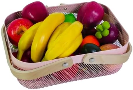 AJIODA Metal Mesh Steel Basket, Storage Organizer Basket Garden Harvest Basket Multi-functional Kitchen Fruit Baskets Bin with Wooden Handle for Bathroom Picnic Shopping Decor Cabinet Home, Pink