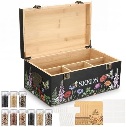 Lineshading Wildflower Bamboo Seed Storage Organizer Box with Lid, Black