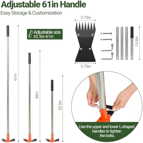2-in-1 Garden Hoe and Weed Puller Rake 61 Inch Spring Steel Head Adjustable Long Handle Weeding Tool Heavy Duty Sand Texture Finish, Weed Remover for Garden, Yard, Lawn, Driveway