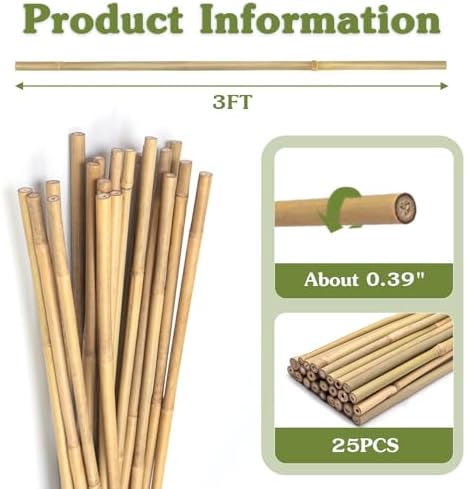 Plant Stakes 3FT, Natural Bamboo Stakes, 25Pcs Sturdy Bamboo Garden Stakes