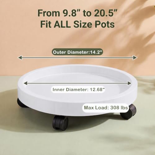 14 Inch Plant Caddy with Wheels, Round Rolling Flower Pot Stand, Heavy Duty Wheeled Planter Saucer Tray, Holder Dolly for Indoor Outdoor，Potted Coaster Roller Base Tray with Casters