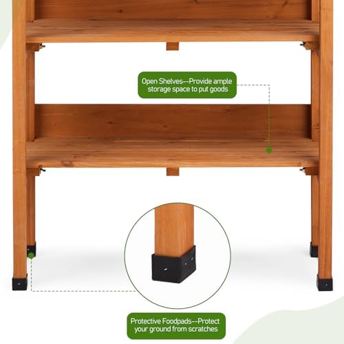 Outdoor Garden Potting Bench Table Work Bench with 2-Tier Storage Shelf, Metal Tabletop, 3 Hooks for Horticulture, Natural Wood