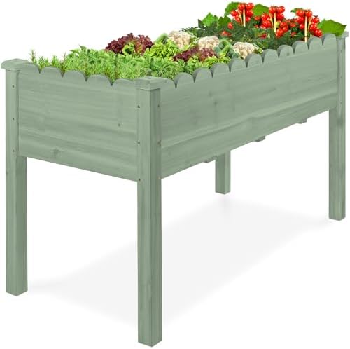 Best Choice Products Raised Garden Bed, Scalloped Design, Elevated Wood Planter Box Stand for Backyard, Patio, Balcony with Bed Liner, 48 x 24 x 30 Inches, 200 Pound Capacity - Sage