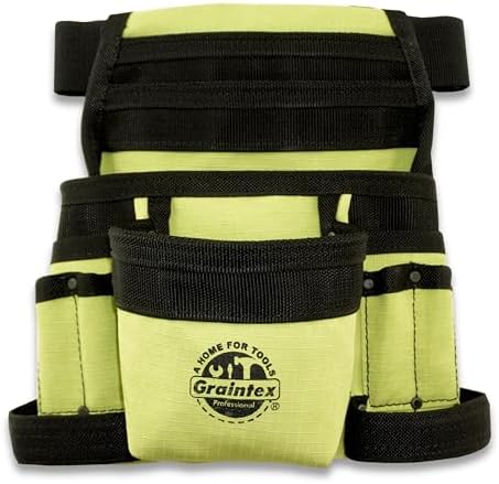 Graintex 10 Pocket Finisher Canvas Tool Pouch | Lime Green | 2' Webbing Belt | Multipurpose Durable Canvas Tool Bag with Balt | Electrician Tools, Plumbers Carpenters, Garden Belt, DIY, Drywallers