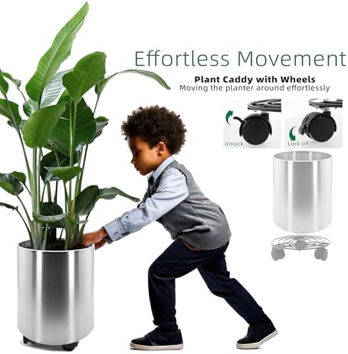 11.8 Inch Dia Round Planter, Modern Indoor Outdoor Large Stainless Steel Plant Pot and Plant Caddy with Wheels for Home Patio Garden, Easy to Clean and Move