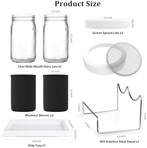 Organic Seed Sprouting Jar Kit – 2 × 32 oz Wide-Mouth Mason Jars with Stainless-Steel Sprouter Lids & Stand, Blackout Sleeves, Drain Tray – Grow Broccoli, Alfalfa & Bean Microgreens