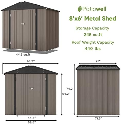 Patiowell 8x6 FT Outdoor Storage Shed, Metal Storage Sheds, Brown