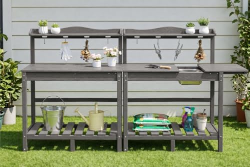 All-Weather HDPE Outdoor Potting Bench 2-Piece Set with Removable Sink, Expandable Gardening Work Station with Sliding Tabletop, Built-in Wheels, Heavy Duty Planting Table, Gray