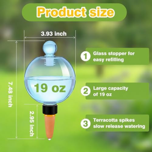 DI QIU REN 19oz Extra Large Self Watering Globes, Automatic Plant Waterer with Glass Stopper - Slow Release Watering Bulbs & Planter Insert, Top-Fill Water Spikes Stakes for Indoor Plants (6, Blue)