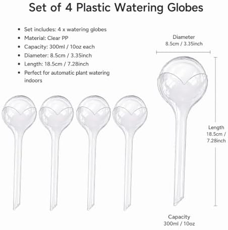 4 Pack Clear Self Watering Globes, 10oz Plastic Plant Water Bulbs, Automatic Self Watering Planter Insert for Indoor Houseplants Garden