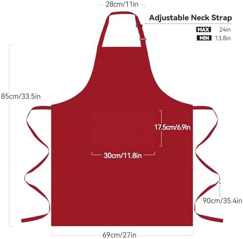 2 Pack Kitchen Aprons with 2 Pockets for Women Men, Chef Aprons for Baking BBQ Cooking, Red