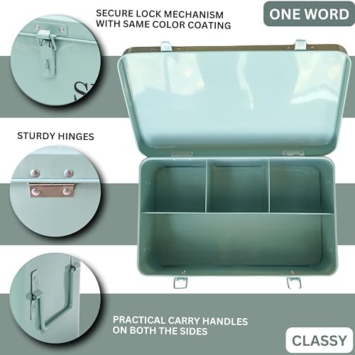 Large Modern Green Rectangular Metal Seed Storage Box with 4 Compartments and 40 Envelopes and 20 Bamboo Plant Labels