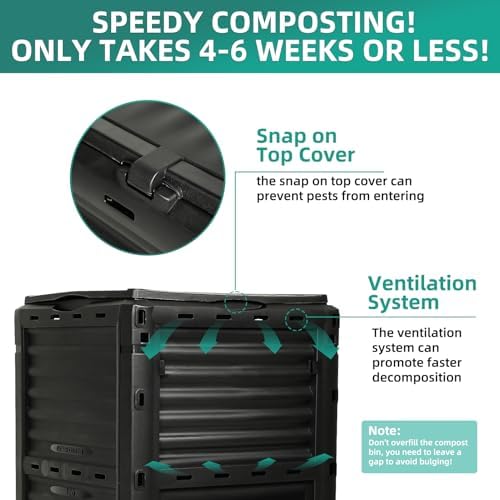 80 Gallon Large Compost Bin Outdoor - 300L High Capacity Composter with Top Flip Latch Lid - BPA-Free Heavy Duty Garden Waste Bin for Kitchen Scraps & Yard Waste - Easy Assembly, Black