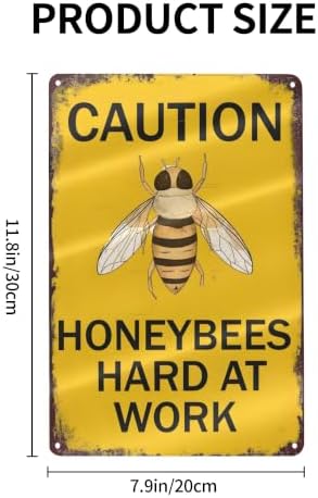 Bee Warning Sign,Caution Honeybees Hard At Work Metal Signs, Funny Bee Wall Decor No Trespassing Tin Poster for Home Garden Yard Farmhouse Wall Decor 8x12 Inches