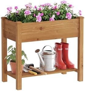 Raised Garden Bed with Legs Elevated Wooden Planter Box Stand Large Planter Stand Box for Fruits Vegetables Flowers with Divider with Bag - 34x18x30.5IN（Brown）