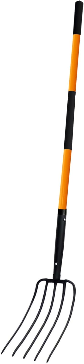 5 Tine Pitchfork for Gardening, Heavy Duty Pitchfork with Fiberglass Handle, Garden Fork for Mulching, 58 Inches