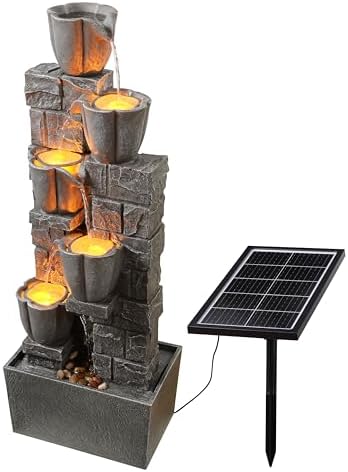 Solar Powered Water Fountain Outdoor, 38.2 Inch Tall 4 Tiers Tulip Waterfall Fountain with LED Lights, Grey Decorative Natural Water Feature Ornament for Garden, Patio, Lawn Yard Landscape